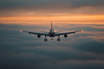 An airplane in mid-flight, illuminated by the soft glow of the early morning sun, soaring above the clouds