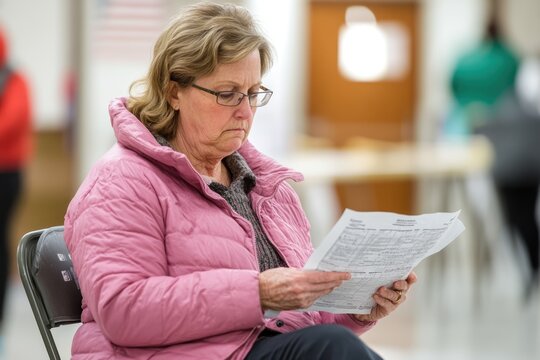 A voter carefully reading their ballot at a polling station, making informed choices in the American election