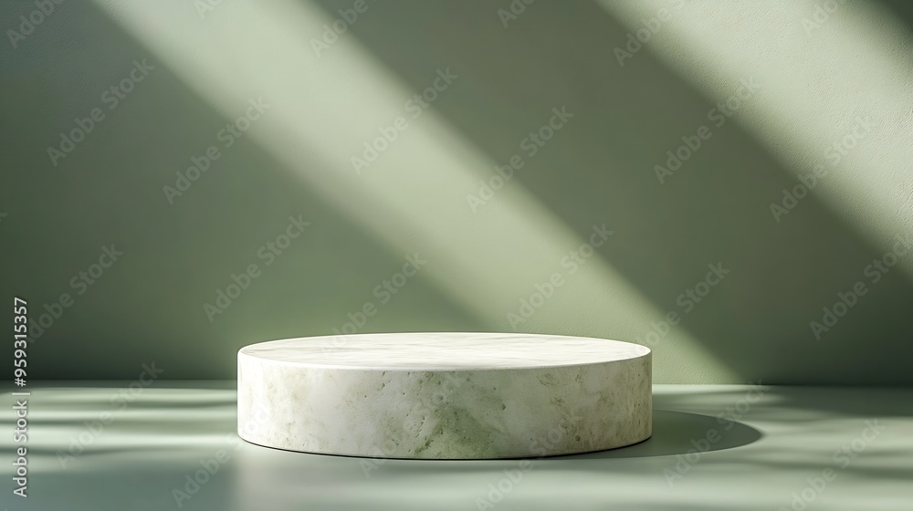 Poster background for cosmetic products of natural green color stone podium on a green background front vie