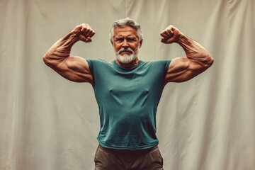 Naklejka premium A senior man with a powerful build, confidently flexing his arms against a plain backdrop, showcasing his dedication to health