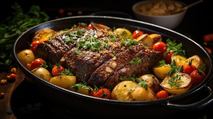 Steak and Vegetables in a Black Skillet