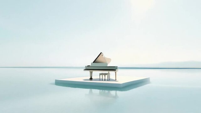 A piano floats serenely on water under a clear blue sky, creating a surreal and tranquil scene