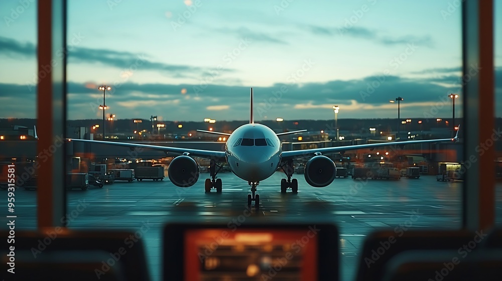 Poster taking off airplane view from airport terminal : generative ai