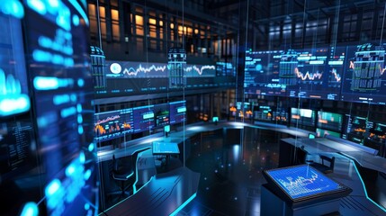 Naklejka premium A 3D model of a financial trading floor, with screens displaying stock market data and money symbols, highlighting the intensity and dynamics of the financial markets.