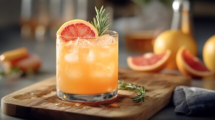 Grapefruit cocktail with rosemary garnish in a glass served on a wooden cutting board Vibrant refreshing drink perfect for summer menu or cocktail recipes Greyhound lemonade paloma moc : Generative AI