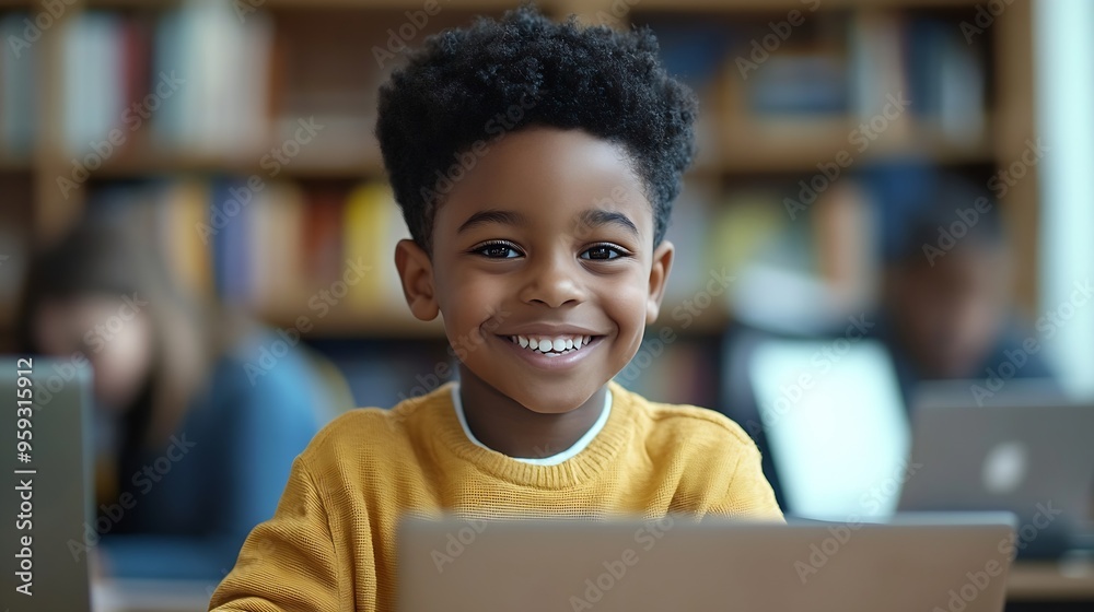 Poster Talented Small African American Boy Using a Laptop Computer in Class Portrait of a Happy Elementary School Student Studying Hard Learning New Things Getting Modern Education Online : Generative AI