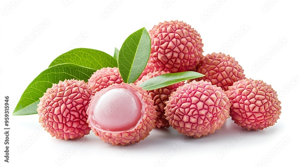Poster Isolated lychee Whole and peeled lychee fruits with leaves isolated on white background with clipping path : Generative AI