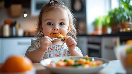 Cute baby girl eating lunch in the kitchen Little kid tasting solids at home Baby led weaning : Generative AI