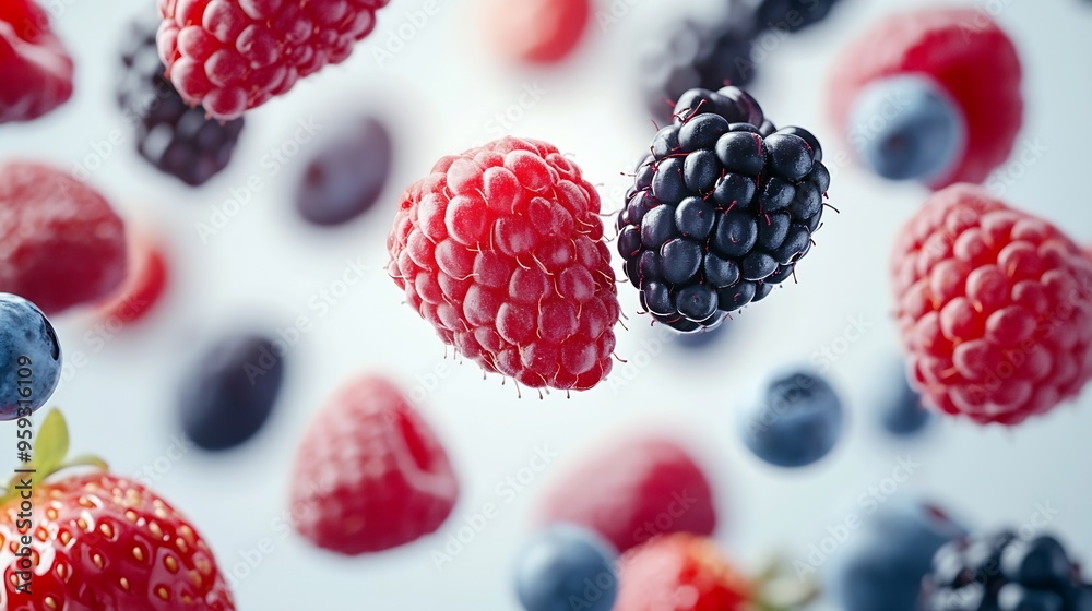 Poster fresh mix berries fruit with red raspberry strawberry blackberry and blueberry flying in the air iso
