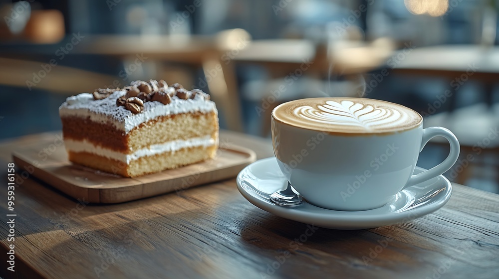 Poster cup of latte coffee stand on a wooden table near on the table lie sweets cake : generative ai