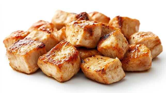 Roasted chicken cubes isolated on white background : Generative AI
