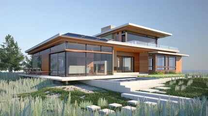 Fototapeta premium A 3D model of an eco-friendly home built with sustainable materials and green technology.