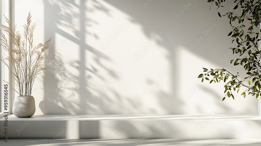Aufkleber White Wall Studio BackgroundEmpty Grey Room Background with Light Leaves Shadow on Table Top Surface TextureBackdrop Mockup Display Podium Design for displaying product present of Cosm : Generative AI