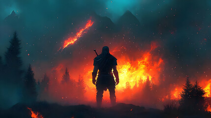 A lone warrior stands in the middle of a fiery forest, surrounded by flames and smoke.