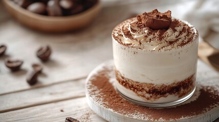 Composition with tasty tiramisu and cocoa drink on white wooden table Delicious dessert : Generative AI