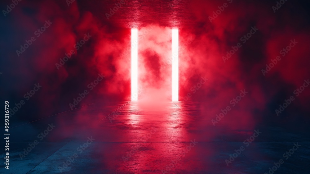 Poster Abstract technology dark red empty street asphalt floor studio room with smoke floating up the interior texture transportation  background neon light spotlight laser future digital tec : Generative AI