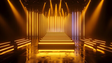 A long, dark hallway is illuminated by yellow and purple neon lights, creating a dramatic and futuristic atmosphere.