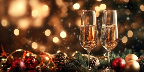christmas background with two glasses of champagne wine