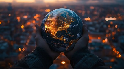 Fototapeta premium Planet Earth in the hands of a man against the background of the lights of the evening city Concept and symbol on the theme of ecology earth conservation Elements of this image furnish : Generative AI