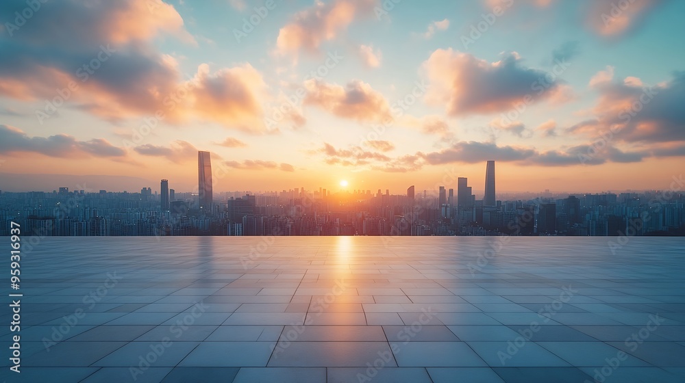 Canvas Prints Empty square floor and city skyline with sky clouds at sunset : Generative AI