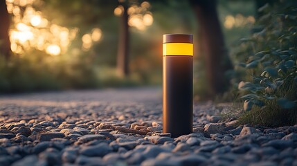 Soft focus of retractable electric bollard Metallic pole with a yellow reflective stripe and warning light on stones road Automatic pillar for fencing Security barrier Remote access co : Generative AI