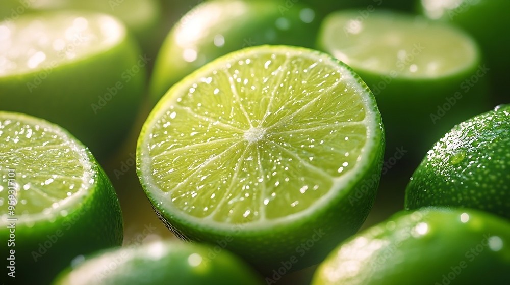 Aufkleber natural fresh lime and lime cut in half fresh ripe green limes as backgroundtop view : generative ai