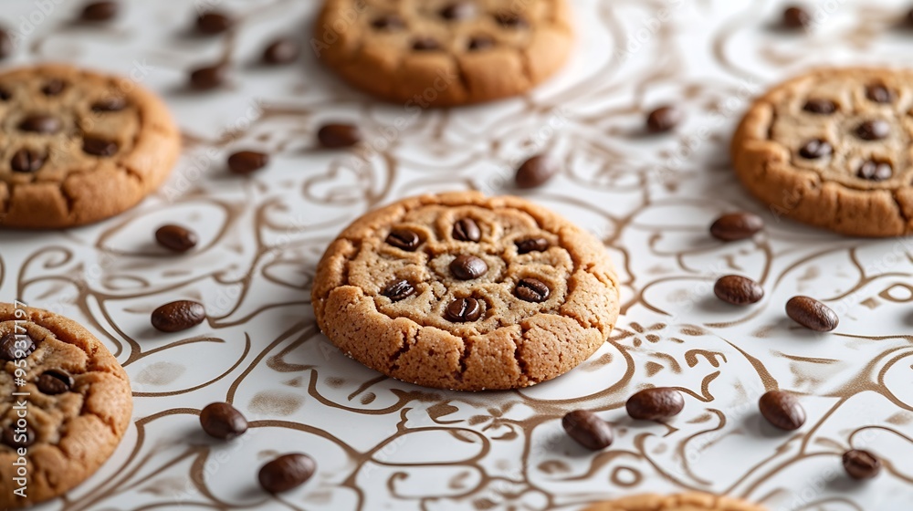 Poster Coffee bean cookies on a patterned white background : Generative AI