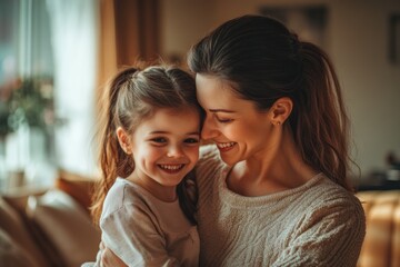 Naklejka premium High-resolution brightly lit photorealistic candid photograph of a mother and daughter bonding together in a warm, inviting living room. The image is styled like a high-end lifestyle magazine, with a