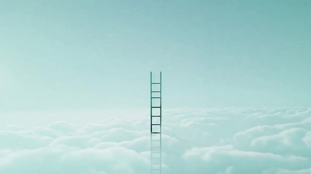 A ladder reaching into the clouds stands in the center of [a cloudy sky], with a light blue sky. It's a minimalist scene