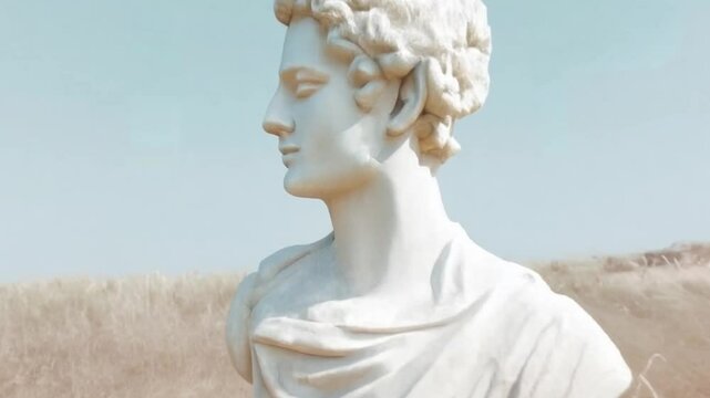 A classic plaster bust in the center of a tranquil meadow, with a light blue sky.