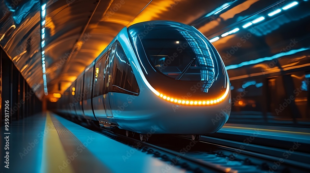Poster modern high speed monorail train with bright headlights passes through the station : generative ai