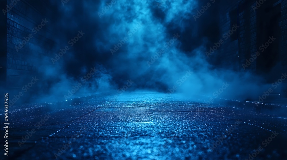 Poster a dark empty street dark blue background an empty dark scene neon light spotlights the asphalt floor