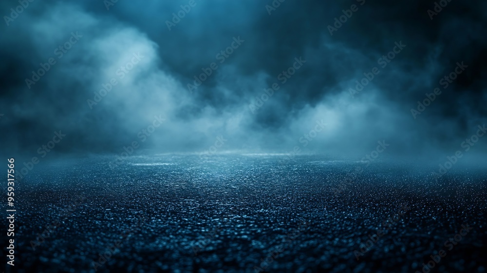 Poster Dark street asphalt abstract dark blue background empty dark mountain range scene with smoke mist cold white float up for display products : Generative AI