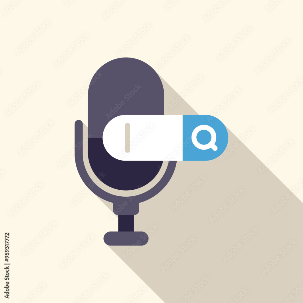Poster voice search engine optimization concept with microphone and search bar icon with long shadow on a l