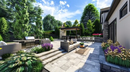 A 3D-rendered backyard featuring a patio, outdoor kitchen, and landscaped garden.
