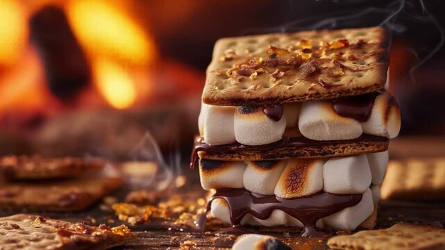 A close-up of s'mores featuring toasted marshmallows and melted chocolate between graham crackers, a classic campfire treat