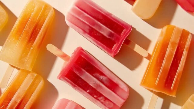  A lineup of popsicles in bright colors, neatly arranged to display their refreshing variety