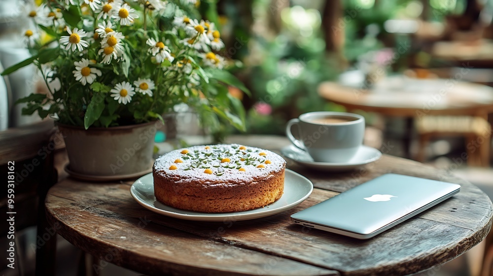 Poster photos of macadamia cake with chamomile tea on a coffee shop garden table with a notebook computer n