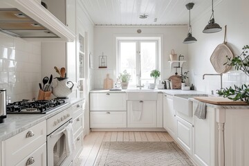 Elegant white kitchen with cozy atmosphere and minimal decor