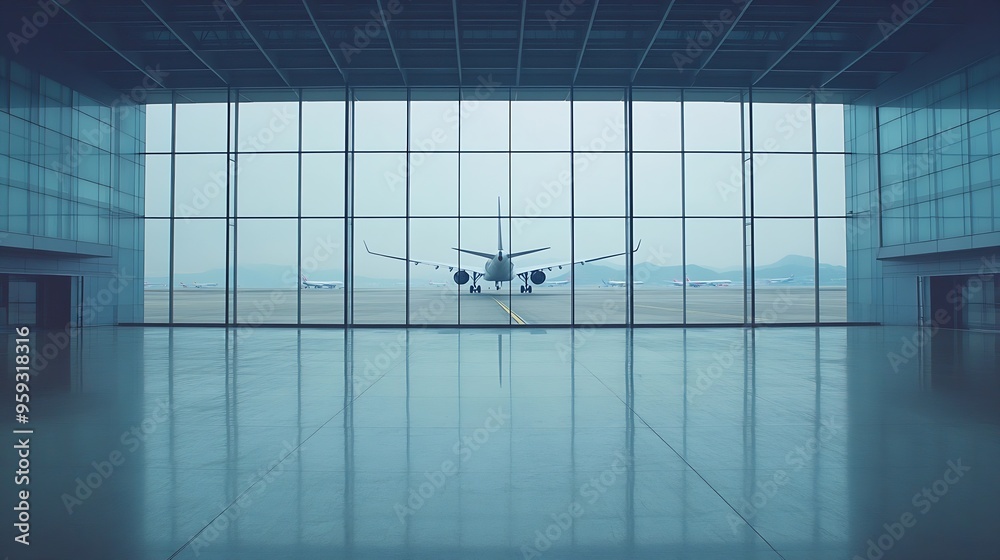 Aufkleber empty airport hall with taking off airplane behind window : generative ai