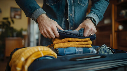 A man's hands fold clothes into a suitcase.