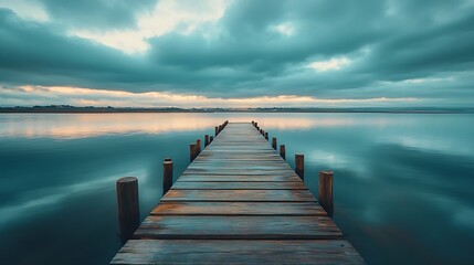 Fototapeta premium Empty wooden pier to the Ria de Aveiro in Portugal with dramatic sky and calm water Torreira Murtosa Portugal : Generative AI