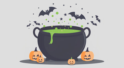 Cauldron with green potion, a pumpkin and a bat on a grey background for a Halloween festival witch brewing a potion in the simple minimalistic style 
