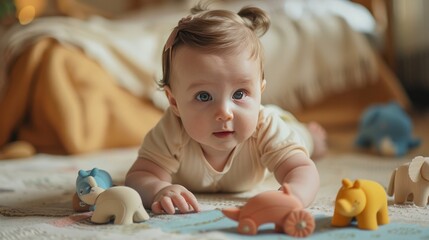 A baby plays with a set of colorful wooden animals, their eyes wide with wonder and their hands exploring each piece. The cozy surroundings and natural light add to the charm of the scene.