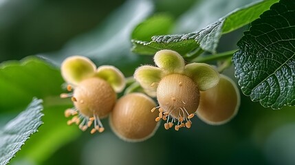 Obraz premium Flower and leaves of the baby kiwi berry fruit actinidia arguta growing on the vine in spring : Generative AI
