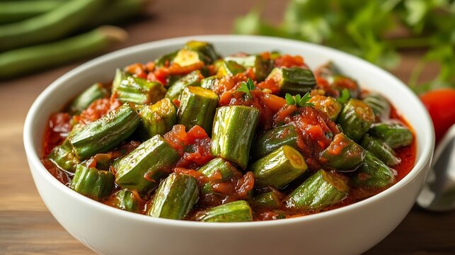 Cooked okra with red sauce in white bowl  Okra Stew Egyptian and Turkish traditional food side view : Generative AI