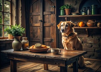 Moody rustic atmosphere dog waiting for scraps wooden table
