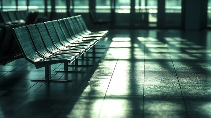 Empty airport seatings airport waiting chairs and grid tiles floor with light and shadow in the morning or evening : Generative AI