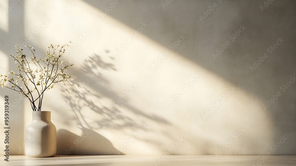 Poster Background Wall Concrete with Light ShadowBeige Studio Background Display Room Texture with sunlight for product presentationEmpty Kitchen with shadow from window reflection on wallBan : Generative AI