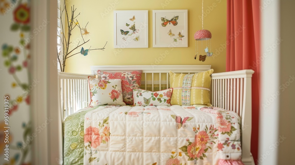 Sticker A baby room with a garden theme, including a crib with floral bedding, butterfly mobiles, and nature-inspired wall art. The vibrant decor and fresh elements create a peaceful and joyful environment.